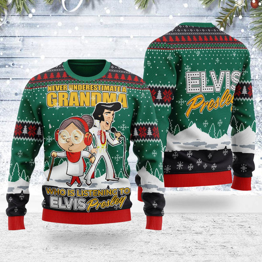 Elvis With Grandma Christmas Ugly Sweater - CustomsPig.com