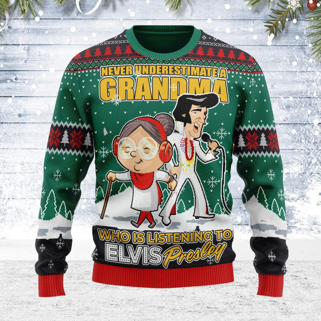 Elvis With Grandma Christmas Ugly Sweater - CustomsPig.com