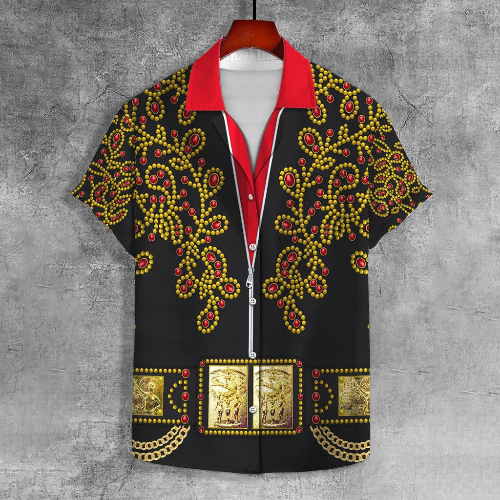 Gearhomie Elvis Spanish Flower - Black With Red Stones UNISEX CASUAL HAWAIIAN SHIRT - Gearhomie.com