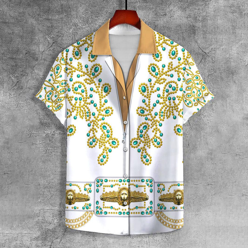 CustomsPig Elvis Spanish Flower - White With Green Stones UNISEX CASUAL HAWAIIAN SHIRT - CustomsPig.com