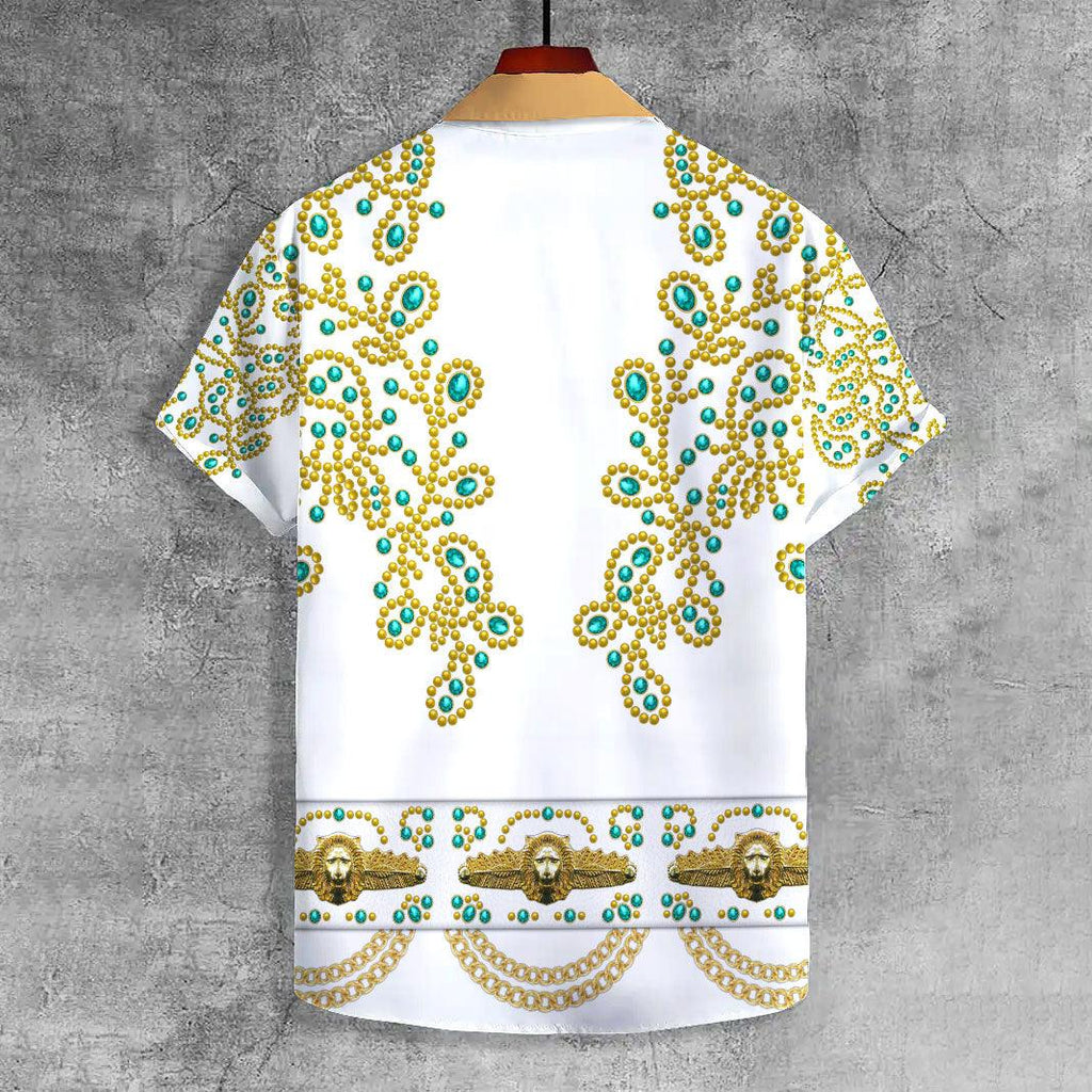 Gearhomie Elvis Spanish Flower - White With Green Stones UNISEX CASUAL HAWAIIAN SHIRT - Gearhomie.com