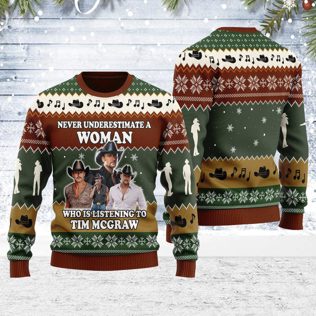 CustomsPig Never Underestimate A Woman Who Is Listening To Tim McGraw Christmas Ugly Sweater - CustomsPig.com