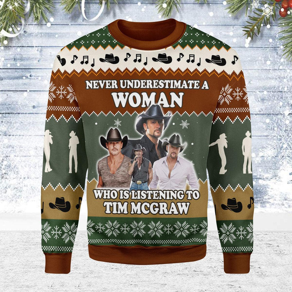 CustomsPig Never Underestimate A Woman Who Is Listening To Tim McGraw Christmas Ugly Sweater - CustomsPig.com