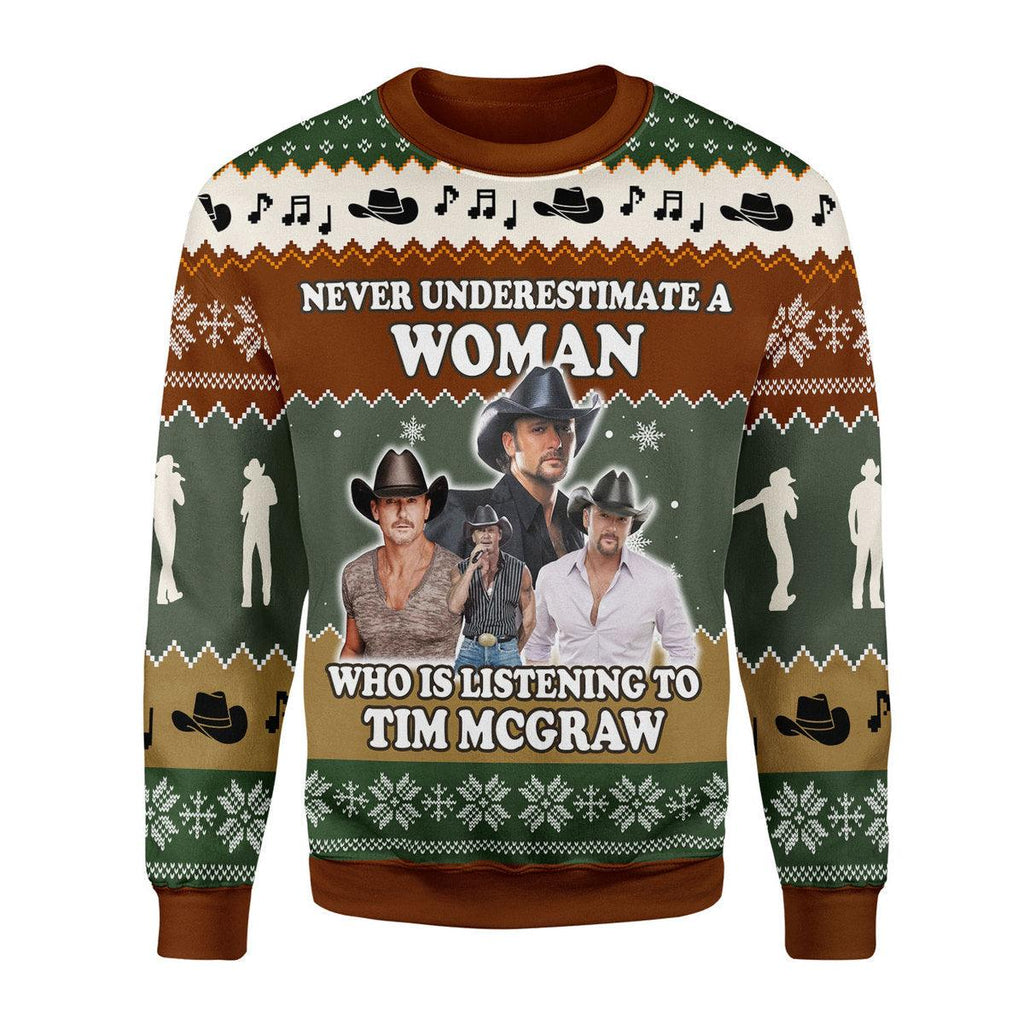 CustomsPig Never Underestimate A Woman Who Is Listening To Tim McGraw Christmas Ugly Sweater - CustomsPig.com