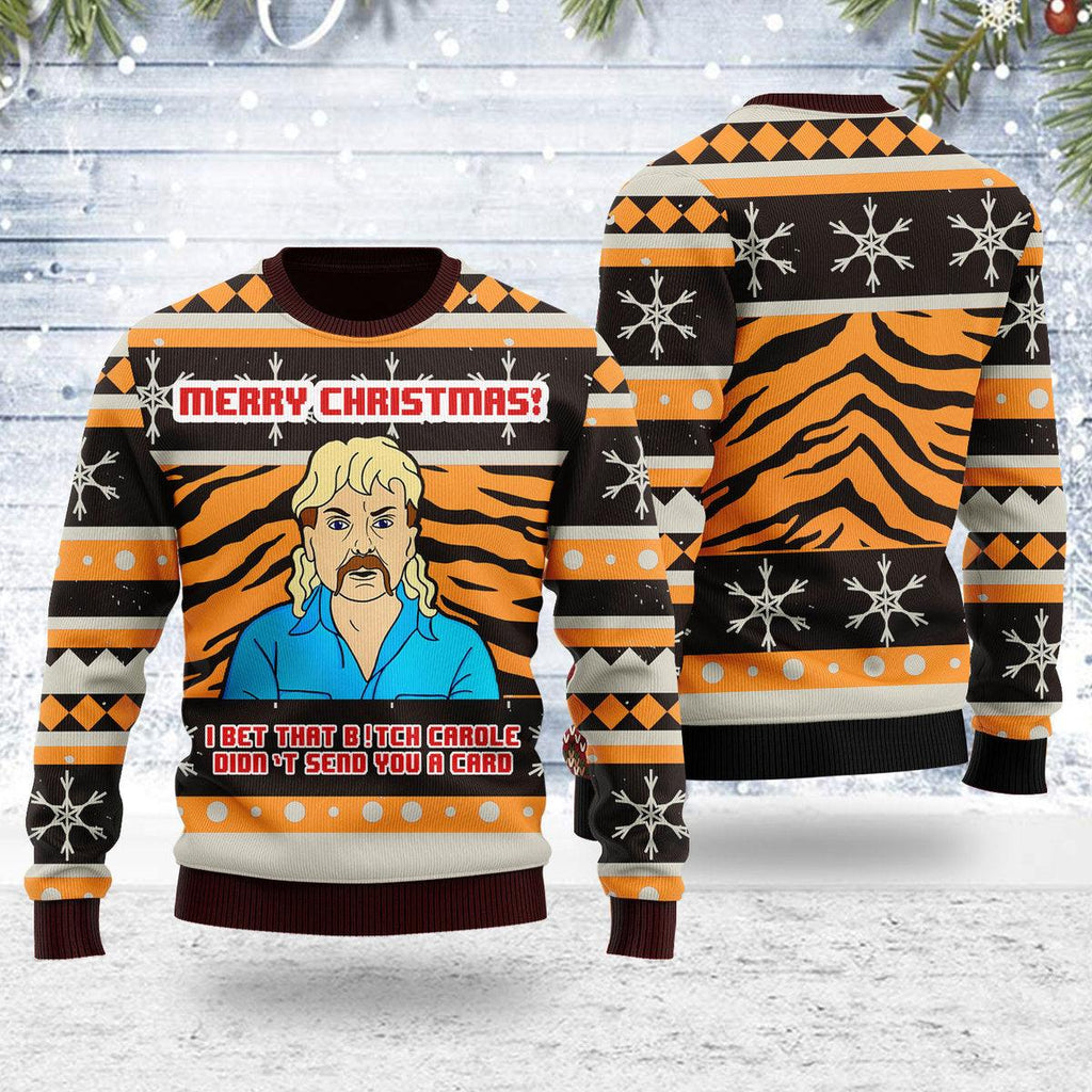 CustomsPig Tiger King Bet That B! Didn't Send You A Card Chirsmas Ugly Christmas Sweater - CustomsPig.com