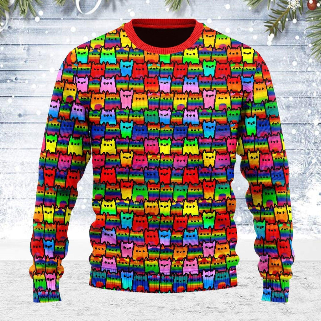 LGBTQ+ Rainbow Flag Cat Ugly Christmas Sweater - CustomsPig