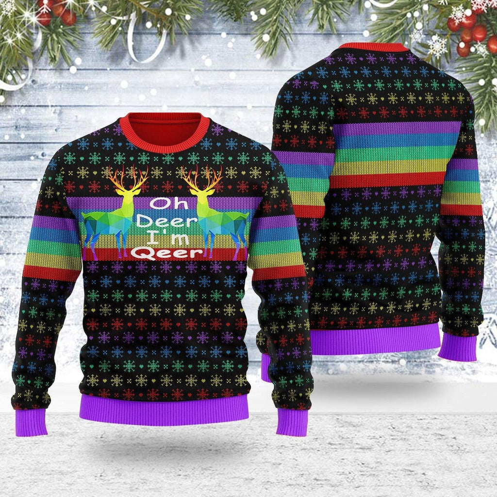 Oh Deer I'm Qeer LGBT Ugly Christmas Sweater - CustomsPig