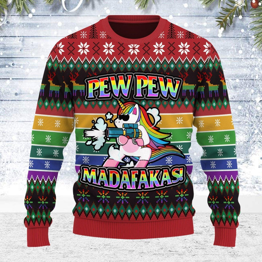 Unicorn LGBT Pew Pew Ugly Christmas Sweater - CustomsPig