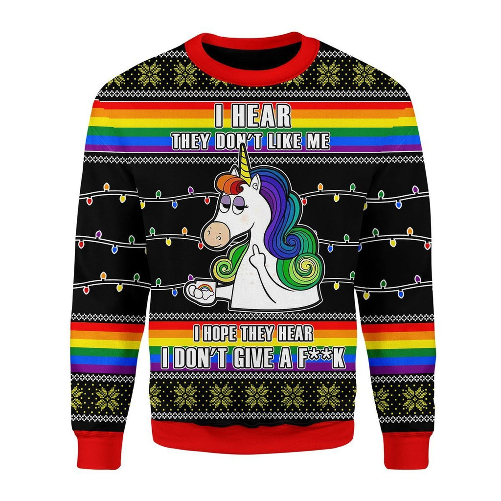 Gearhomies Christmas Unisex Sweater LGBTQ+ Unicorn I Don't Give A F**k 3D Apparel
