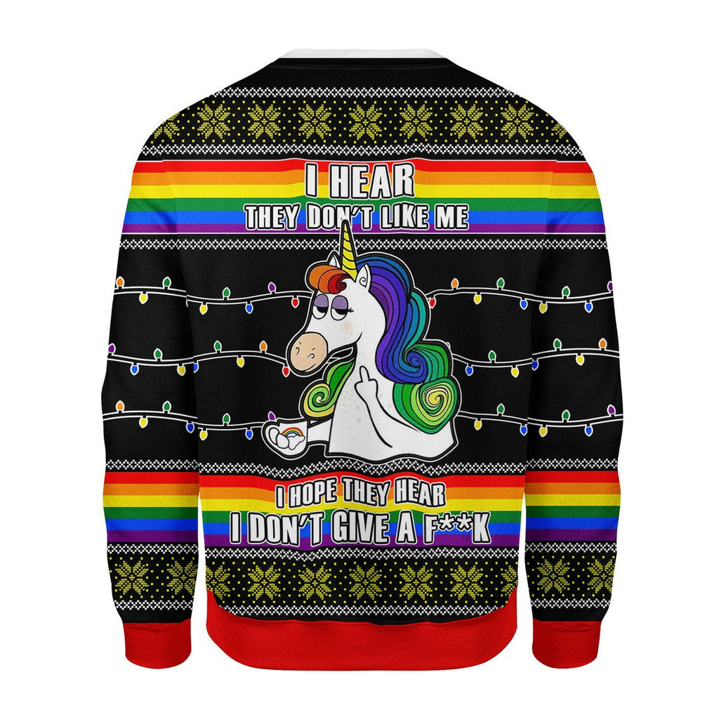 Gearhomies Christmas Unisex Sweater LGBTQ+ Unicorn I Don't Give A F**k 3D Apparel