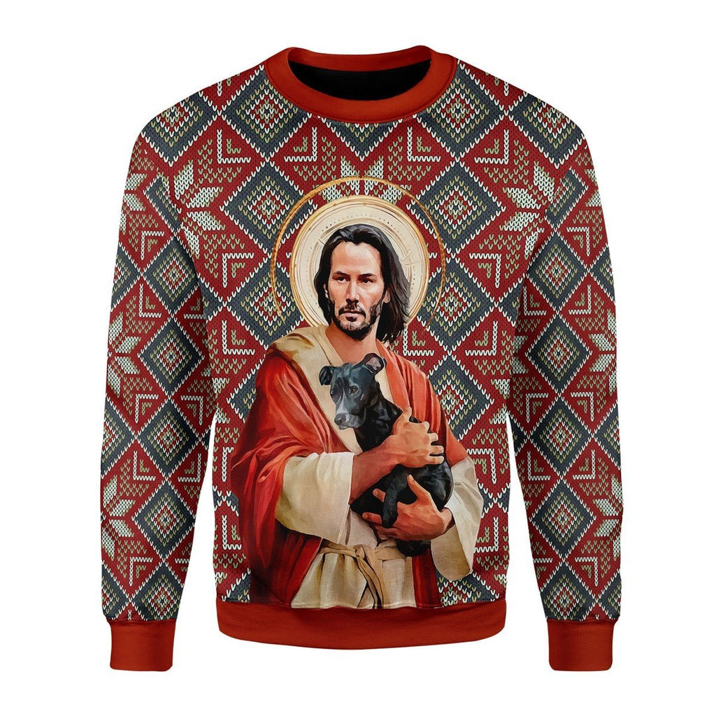 Gearhomies Christmas Unisex Sweater Jesus Keanu Reeves With Dog 3D Apparel