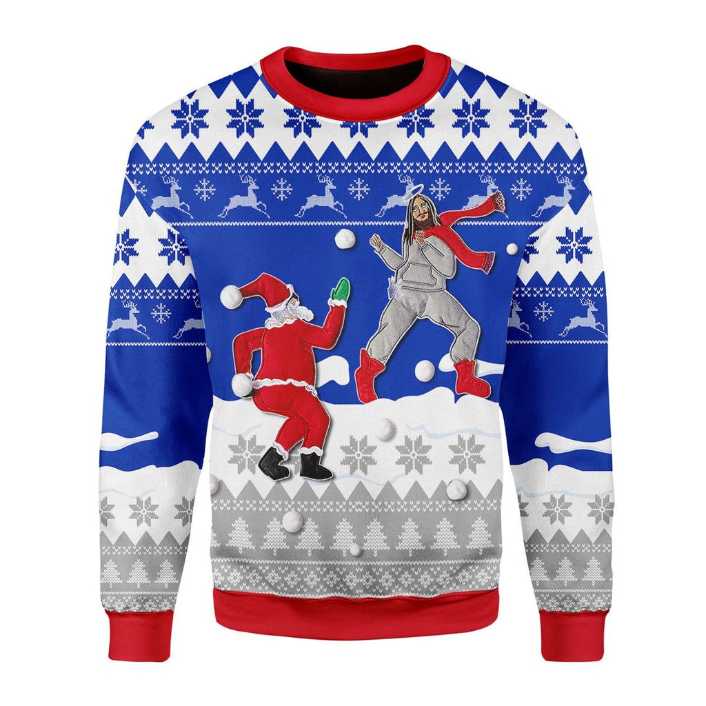 Gearhomies Christmas Unisex Sweater Santa And Jesus Playing Snowball 3D Apparel