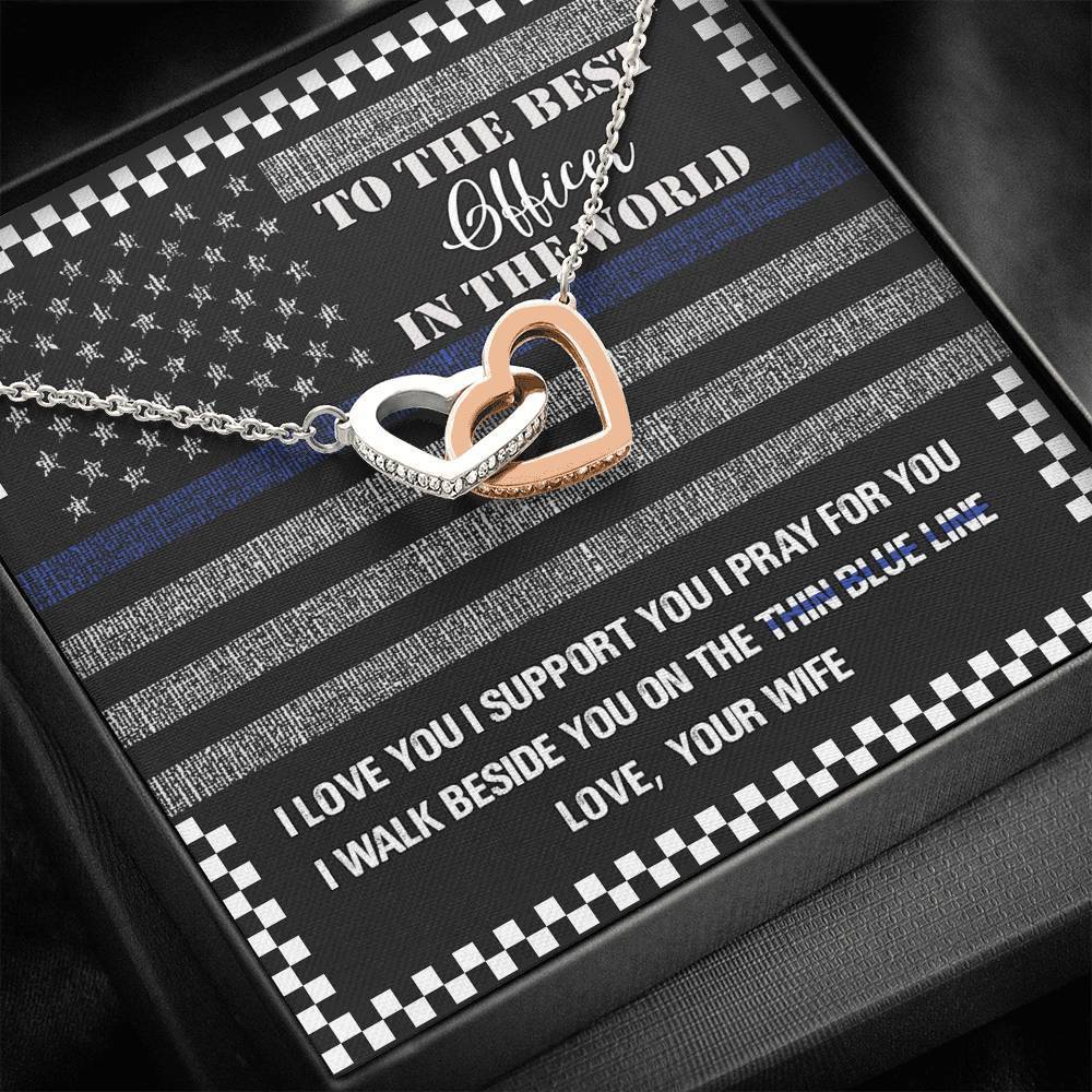 Thin Blue Line To The Best Officer In World Interlocking Heart Necklace Standard Box Jewelry