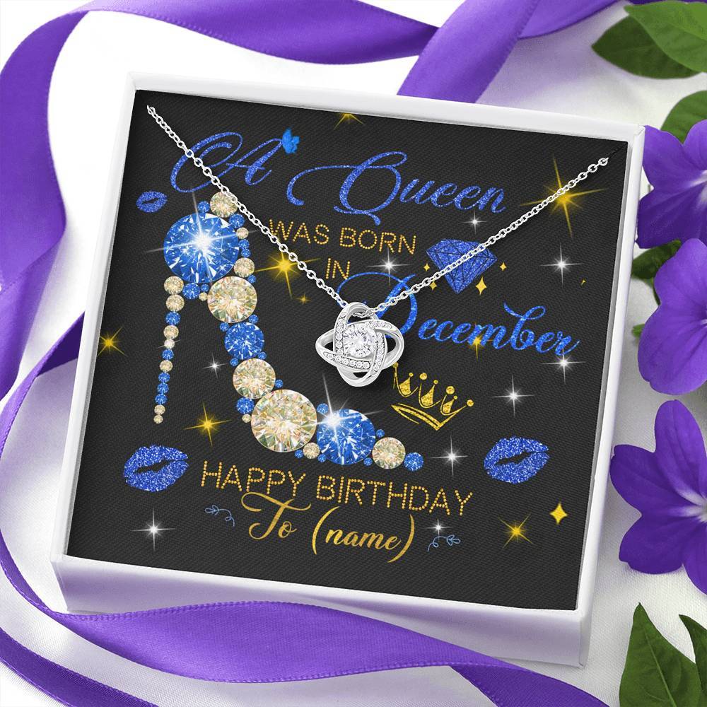 Personalized Name Happy Birthday A December Queen Love Knot Necklace With Pod Message Card Jewelry