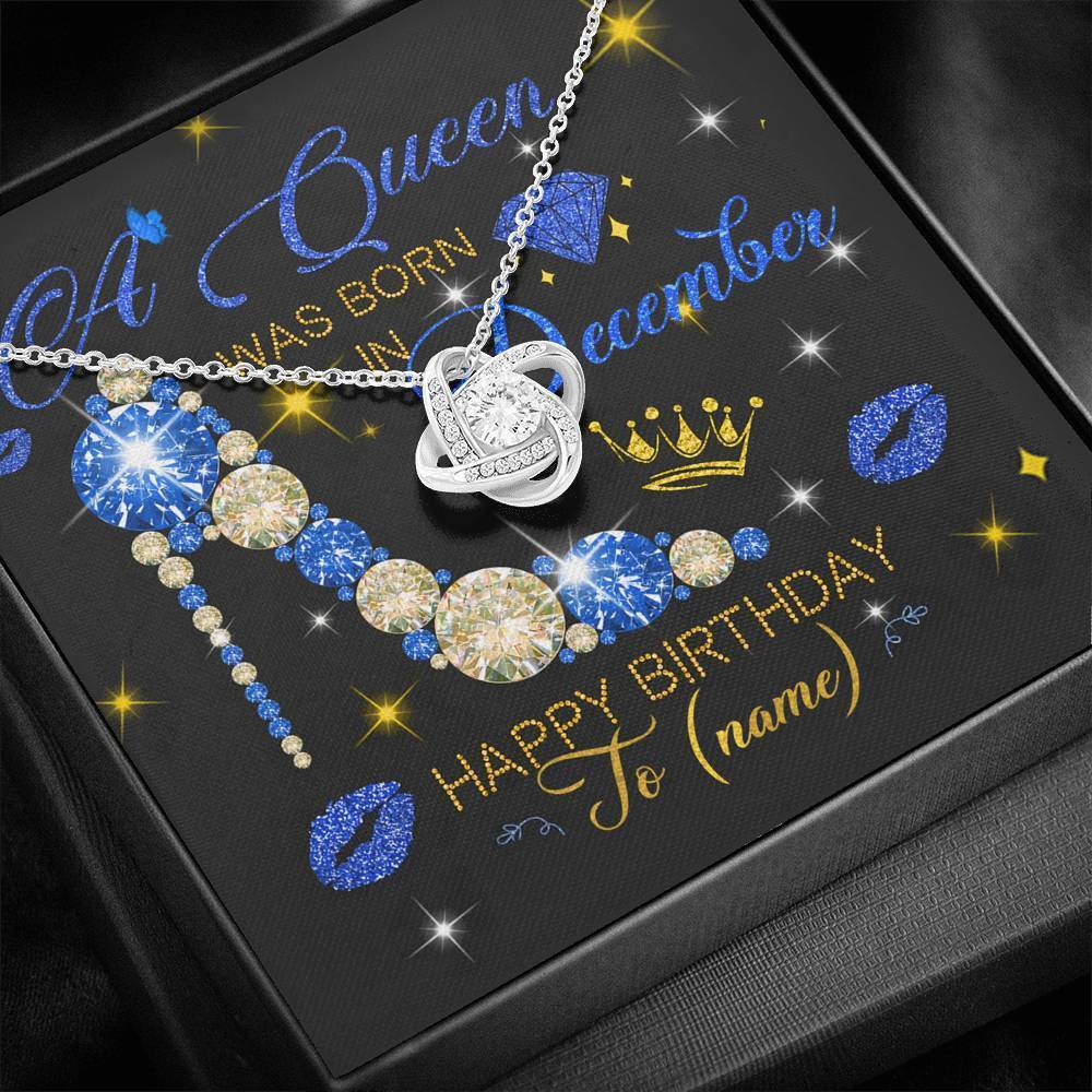 Personalized Name Happy Birthday A December Queen Love Knot Necklace With Pod Message Card Jewelry