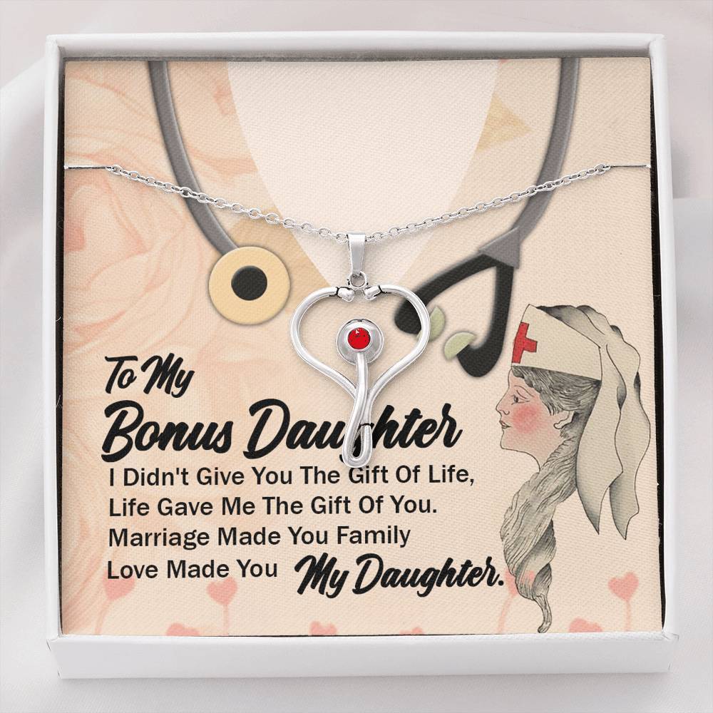 To My Bonus Daughter Nurse Stethoscope Necklace Standard Box Jewelry