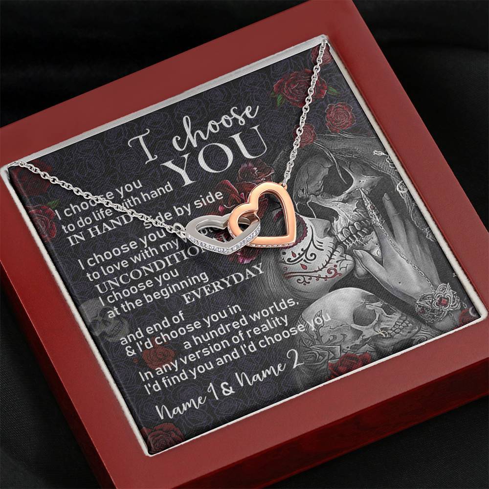 Personalized Name I Choose You Interlocking Heart Necklace With Pod Message Card Mahogany Style