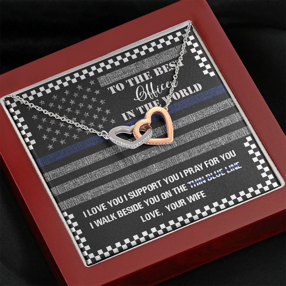 Thin Blue Line To The Best Officer In World Interlocking Heart Necklace Mahogany Style Luxury Box