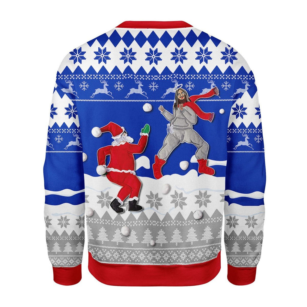Gearhomies Christmas Unisex Sweater Santa And Jesus Playing Snowball 3D Apparel