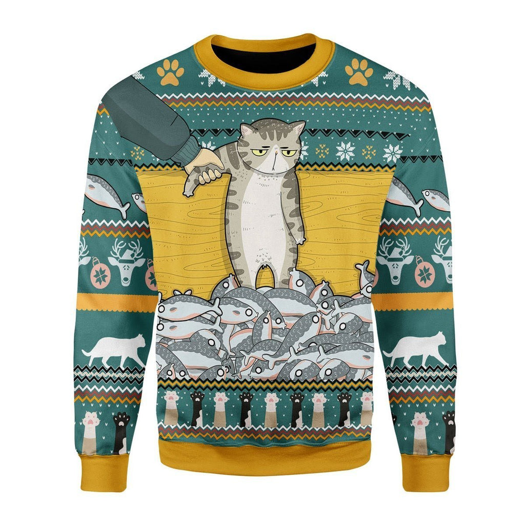 Gearhomies Christmas Unisex Sweater Cat With Fish Christmas Ugly 3D Apparel